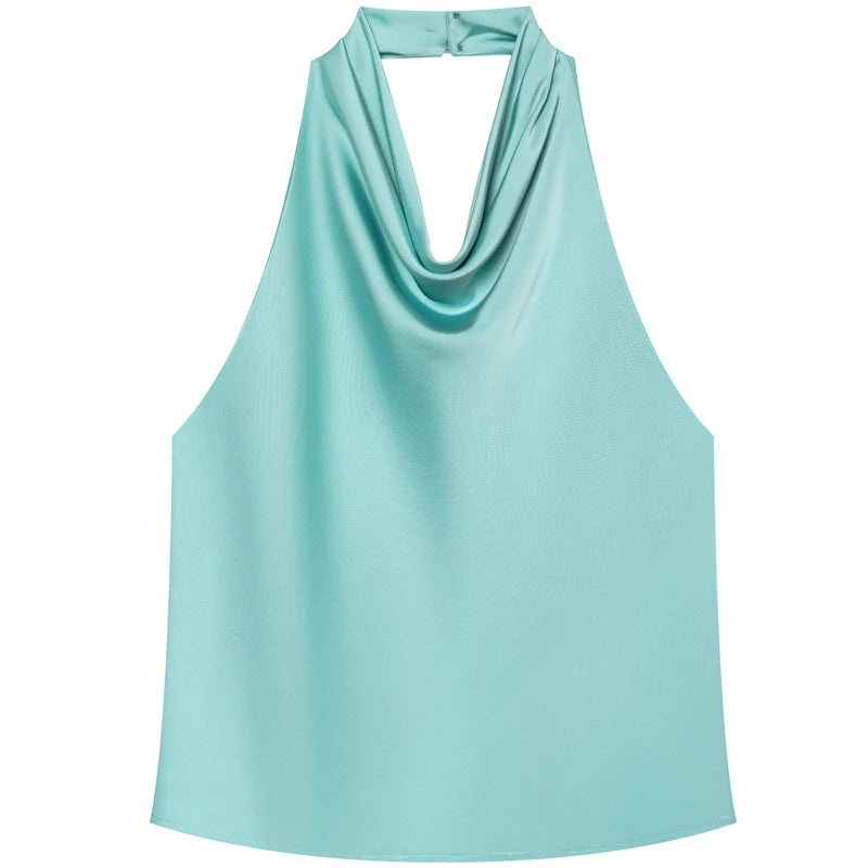 HXAO Satin Halter Top Women Summer 2025 Black Yellow Tanks & Camis Crop Smooth Off Shoulder Tank Top Sleeveless Backless Vests