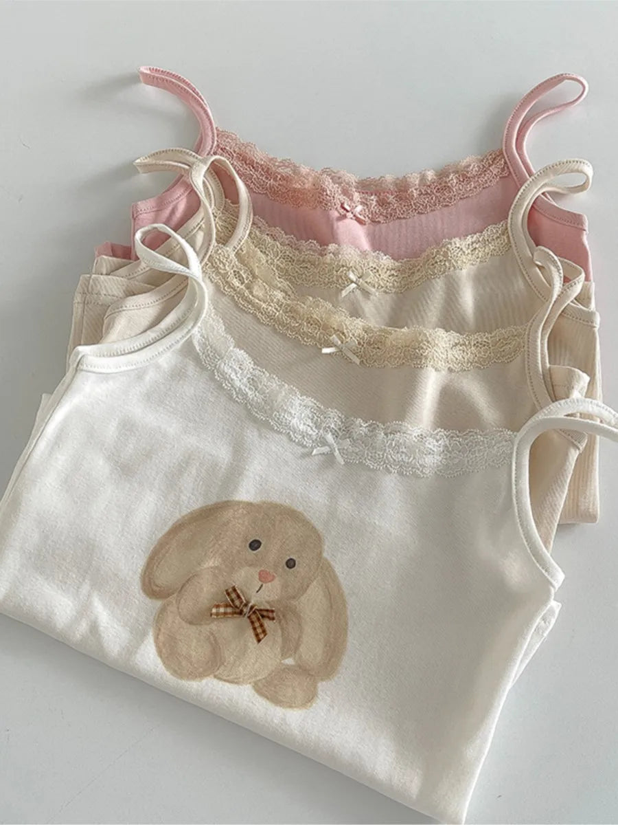 Cute Cartoon Lace Trim Tank Tops Women Summer New Slim Cotton Sleeveless Vests Vintage Sweet Preppy Style Camisole Y2K Clothes