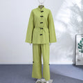 Cotton Lined Women's Pants Set Mandarin Collar Frog Button Full Sleeve Shirt Wide Leg Pant Suit Lady 2026 Spring Woman Outwear