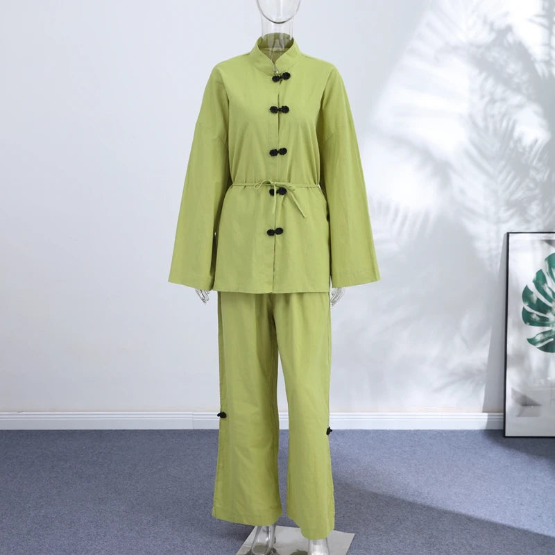 Cotton Lined Women's Pants Set Mandarin Collar Frog Button Full Sleeve Shirt Wide Leg Pant Suit Lady 2026 Spring Woman Outwear