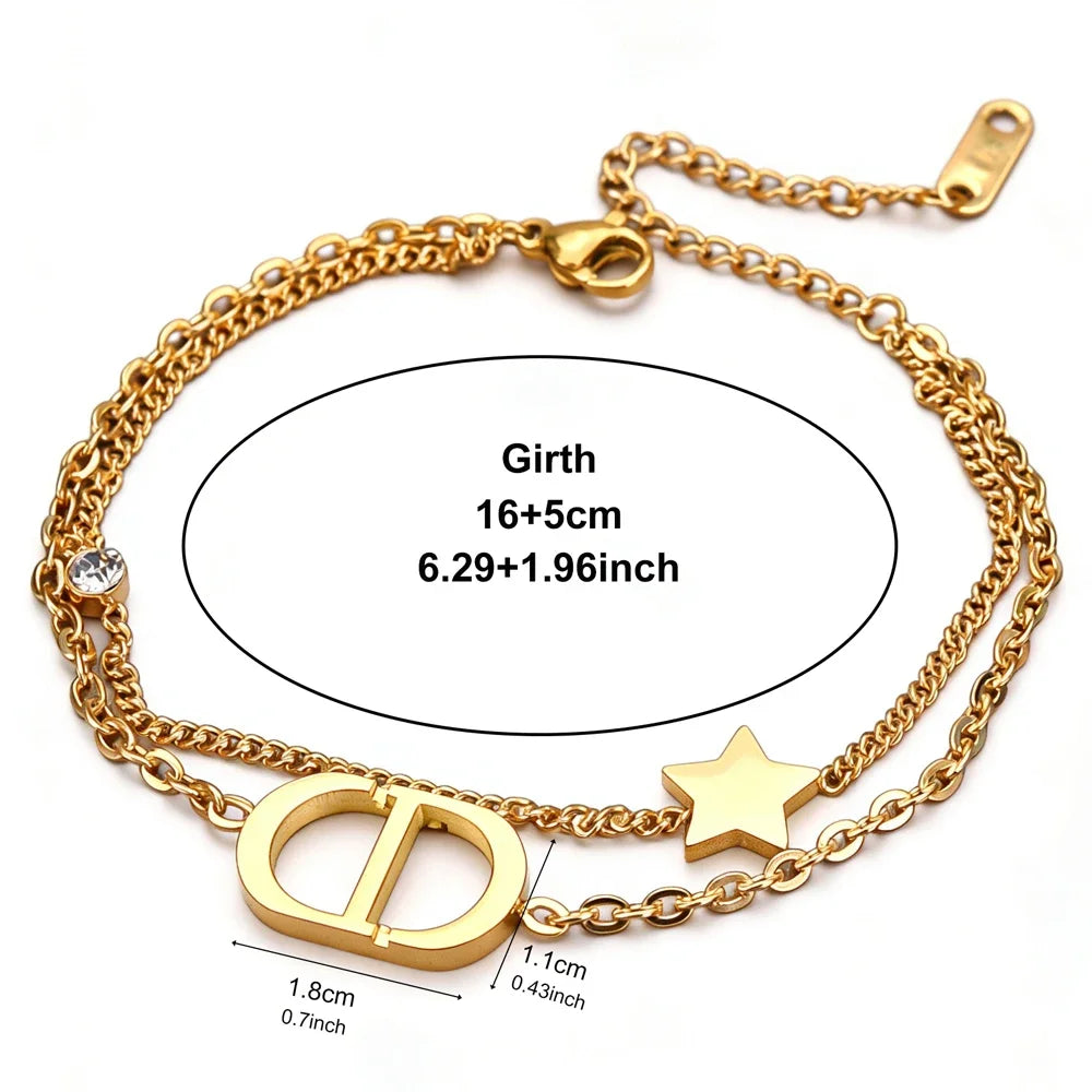Fashionable Titanium Steel Double Layer Bracelet with Letter Star Design Simple Elegance Daily Wear Unique Style Hand Jewelry