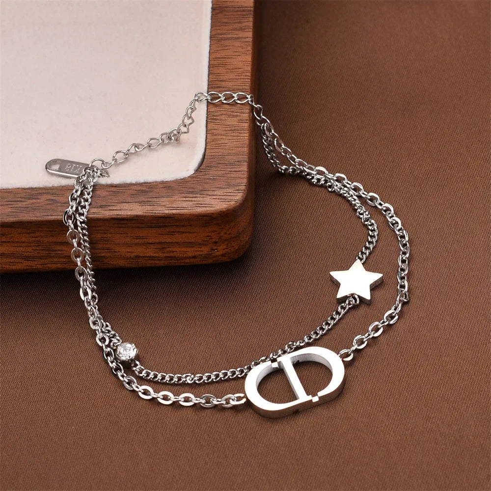 Fashionable Titanium Steel Double Layer Bracelet with Letter Star Design Simple Elegance Daily Wear Unique Style Hand Jewelry