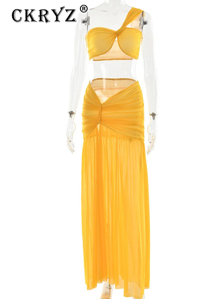 Ladies Summer Sexy Skirt Two Piece Sets Women One Shoulder Crop Top And Maxi Skirt Female Elegant Beach Club Party 2 Piece Set