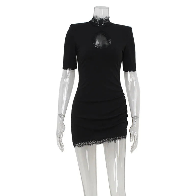 Tornova Sexy Hollow Lace Mini Dress For Women Fashion High Waist Short Sleeve Dress 2025 Autumn New Club Party Slim Black Dress