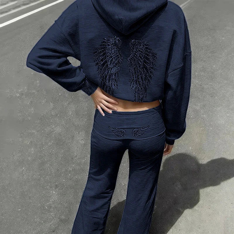 Spring autumn Women's Hoodie Trousers 2piece Set Solid Vintage Shiny Wing Print Long Sleeve Zip Up Casual Sweatshirt Streetwear
