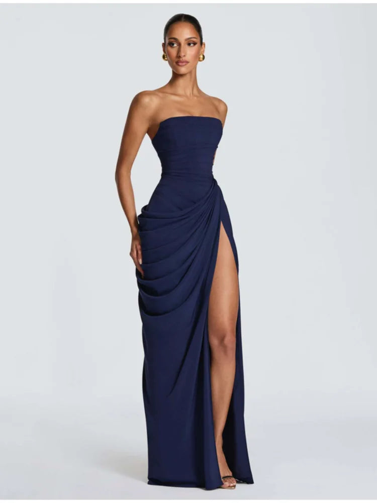 Yellow Strapless Pleated Women Split Maxi Dress Elegant Sleeveless Waist Cinching Slim Fit Dresses 2026 Lady Daily Party Gowns