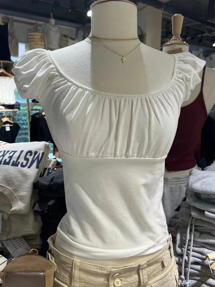 Pink Ruffle Slim Short Sleeve Tee Women Summer Square Collar Cotton Mesh Folds T-shirts Female Aesthetic Sweet Cute Y2K Tops New