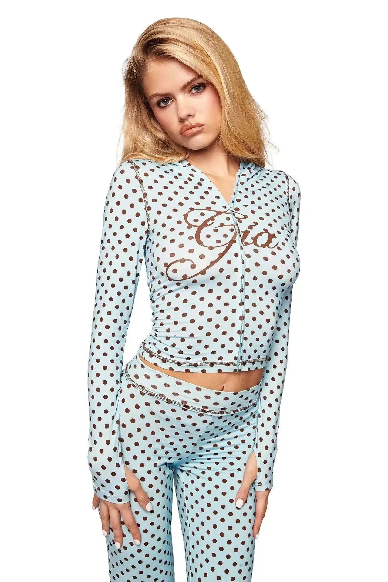 gia slim fit letter printed open thread design hooded zipper short jacket pants set
