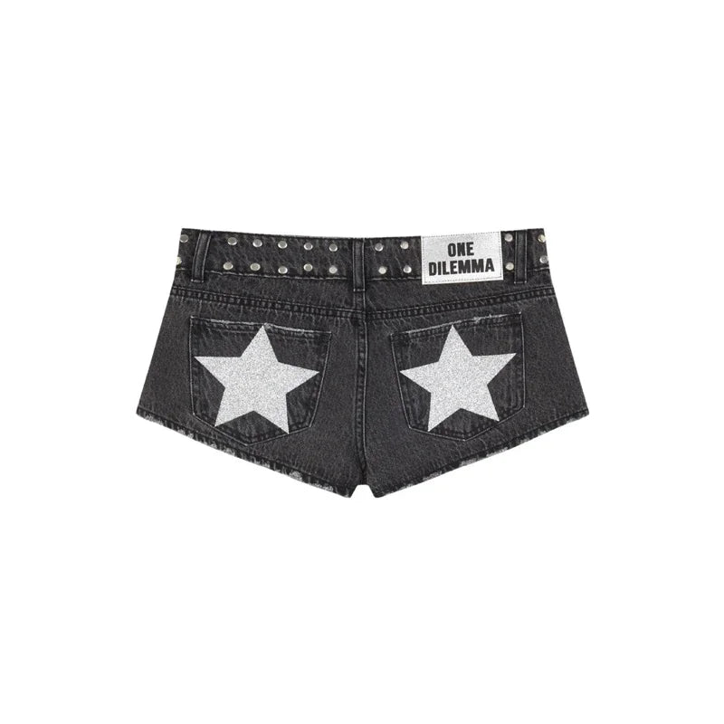 Y2K Low Waist Denim Shorts Women European American Casual Contrasting Loose Fashionable Back Sequin Star Print Hot Pants