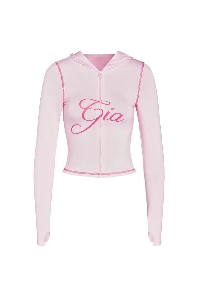 gia slim fit letter printed open thread design hooded zipper short jacket pants set