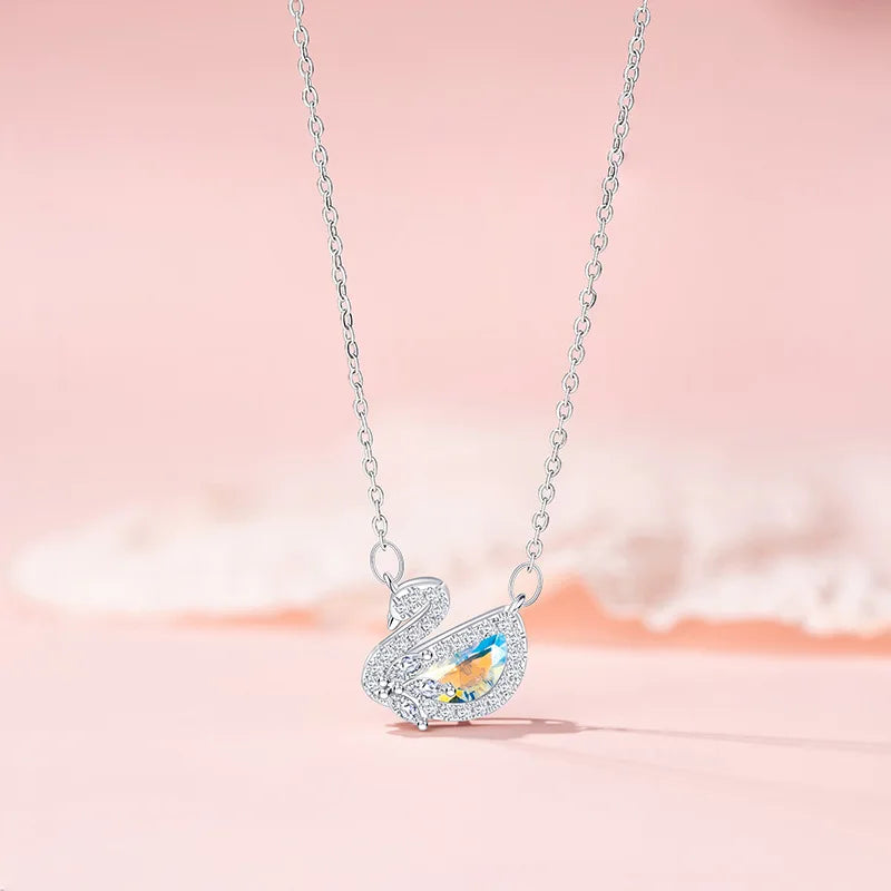 Designer Shiny Sterling Silver Inlaid Zircon Colored Crystal Swan Pendant Necklace for Women Girls Collarbone Chain Jewelry Gift