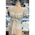 French Vintage Sweet Lace Trim Floral Blouse Women Bow Tie Front Ruched Crop Top Coquette Harajuku Y2K Summer Outfit Chic Retro