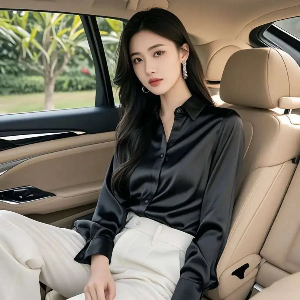 Elegant Silk Office Shirts Women Korean Fashion Y2k Clothes Slim Long Sleeve White Black Blusas Mujer Workwear Tops Blouses LS84