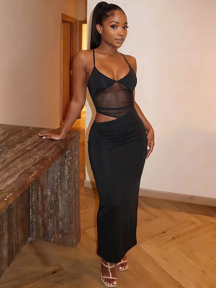 Nibber Mesh Patchwork Dress Women Sexy Backless Hollow Sleeveless 2025 Summer Trend Skinny Stretch Elegant Clubwear Maxi Bodycon