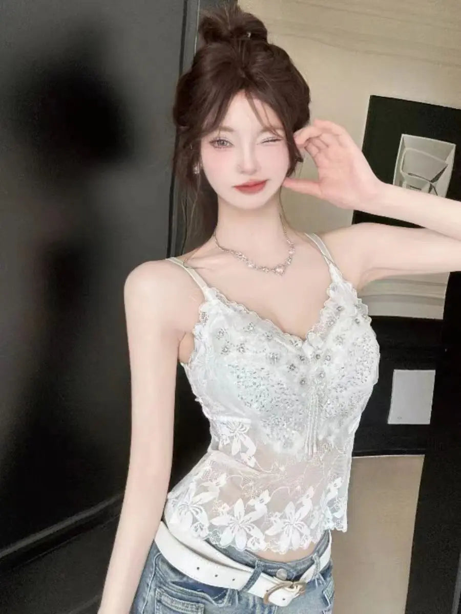Sexy Lace Embellished Pure Desire Backless Tank Top Women's Summer Design Versatile Outerwear Short Sleeve  Color