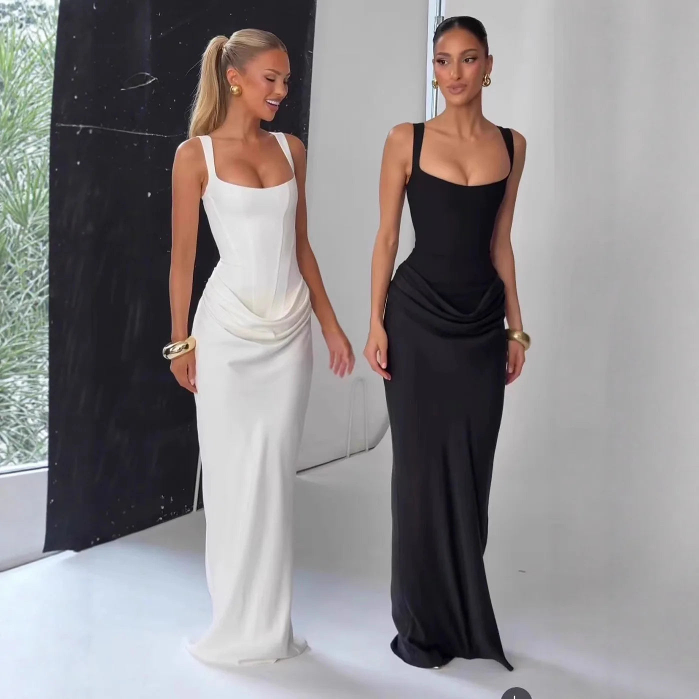 CHNMR Sexy Backless Ruched Maxi Dress for Women U-neck Sleeveless Bandage Bodycon Black Long Dresses Lady Evening Party Gown