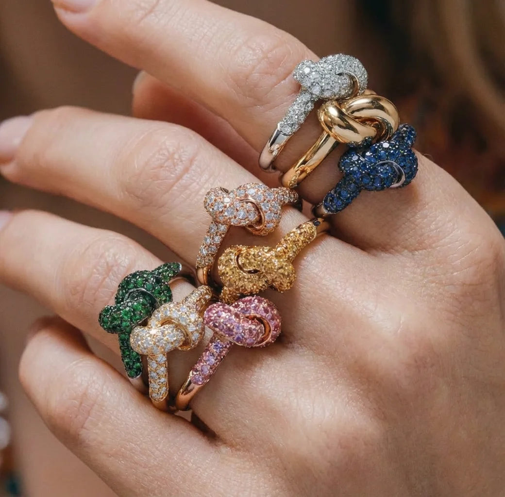 Luxury Colorful CZ Knot Stainless Steel Ring for Women Gold Plated Statement Fashion Jewelry Wedding Party Gift Daily Wear Trend
