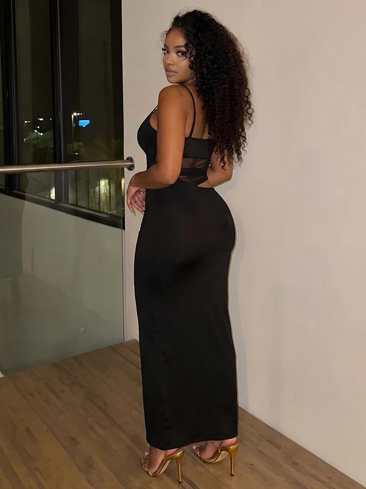 Nibber Mesh Patchwork Dress Women Sexy Backless Hollow Sleeveless 2025 Summer Trend Skinny Stretch Elegant Clubwear Maxi Bodycon