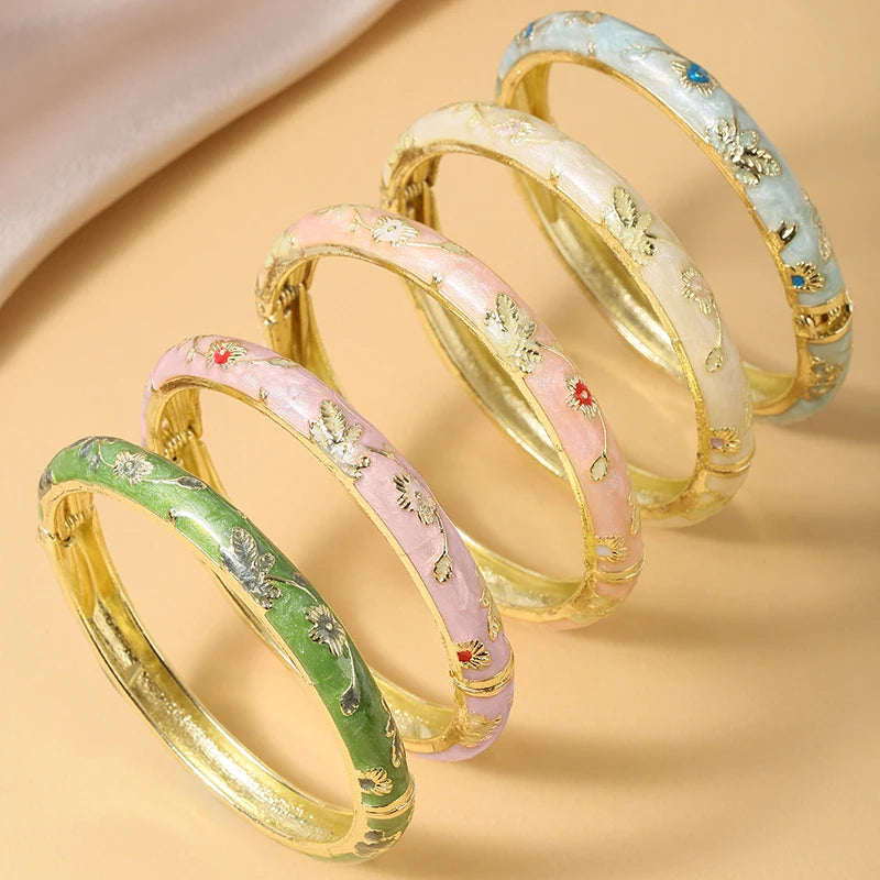FTCY 5PCS Fine Small Flower Cloisonne Enamel Bangles For Women Vintage Bohemian Oil-drop bracelet Elegant Jewelry Gifts