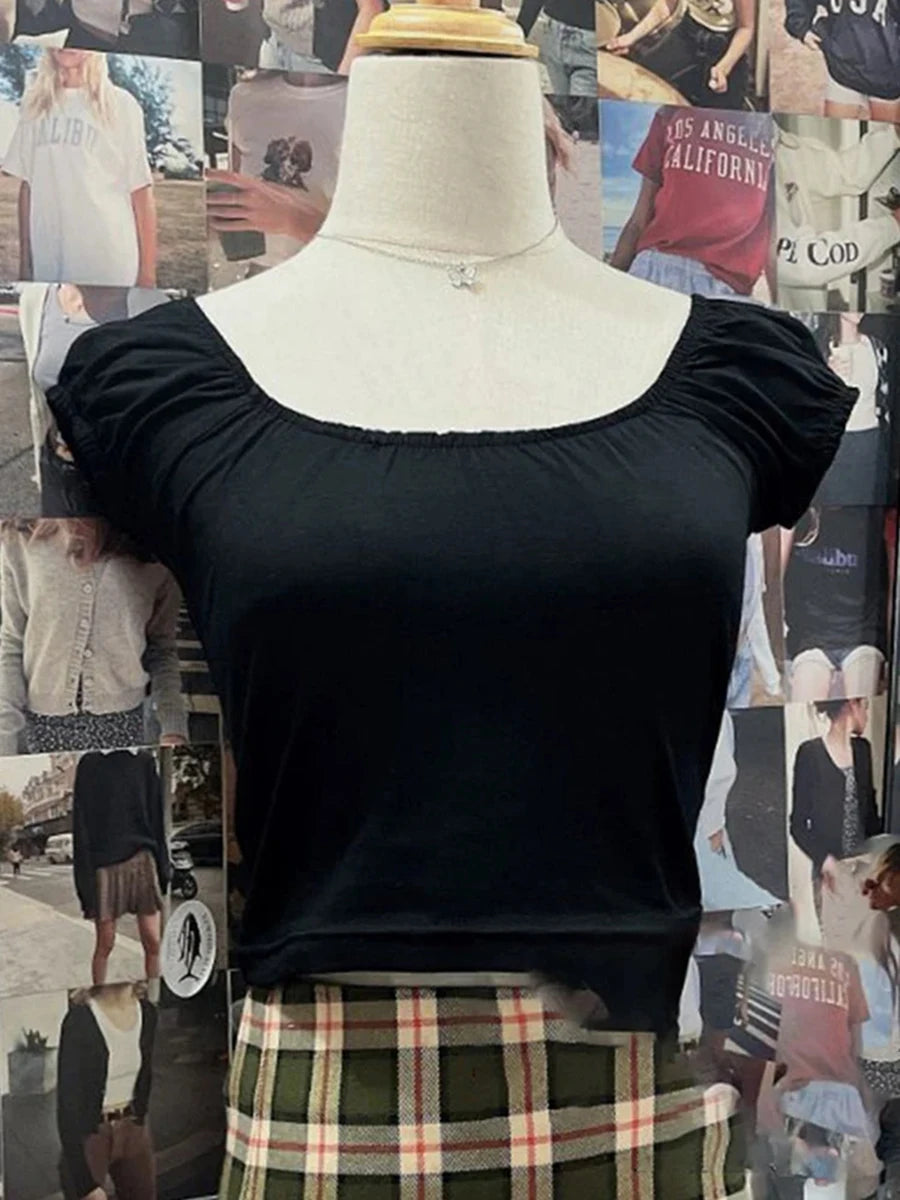 Pink Ruffle Slim Short Sleeve Tee Women Summer Square Collar Cotton Mesh Folds T-shirts Female Aesthetic Sweet Cute Y2K Tops New