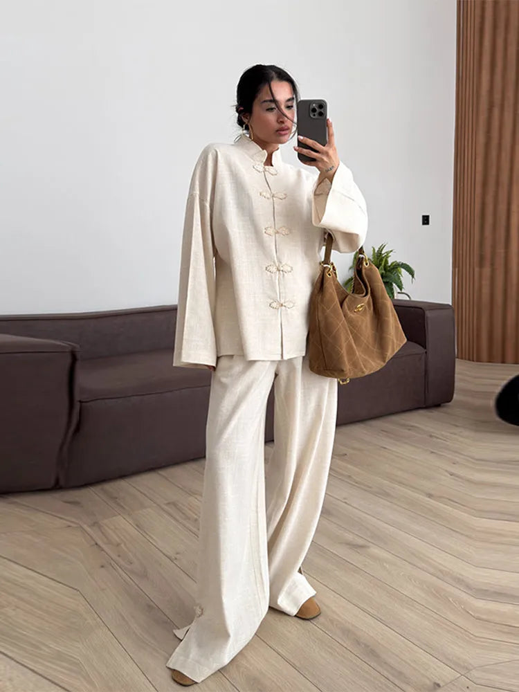 Cotton Lined Women's Pants Set Mandarin Collar Frog Button Full Sleeve Shirt Wide Leg Pant Suit Lady 2026 Spring Woman Outwear